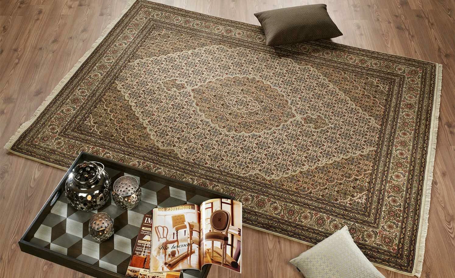 Handgeknüpfter Kurzflorteppich Cavari Mahi | 140x200 cm Creme / Braun – Bild 3