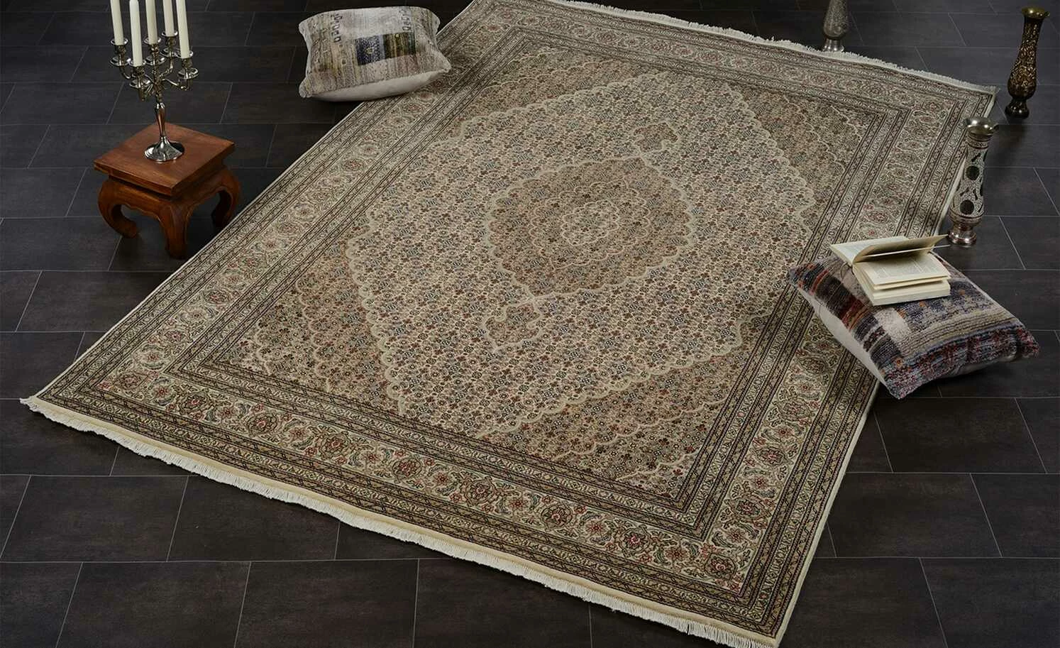 Handgeknüpfter Kurzflorteppich Cavari Mahi | 140x200 cm Creme / Braun – Bild 2